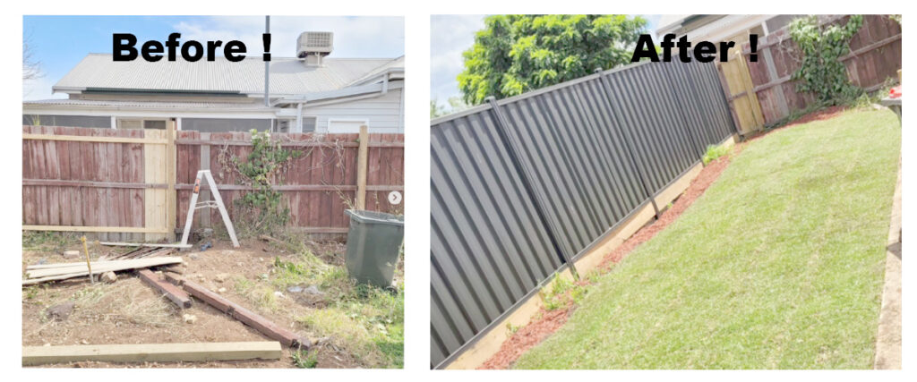 Amazing before and after garden makeover by Payne Carpentry and Excavation. New or fencing repairs, straightening, reinforcing, plank replacements, post hole digging, garden beds and dog proofing your yard. 